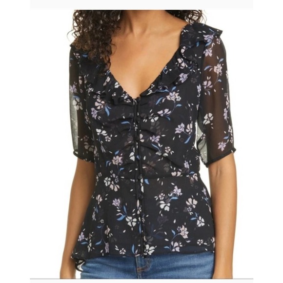 Veronica Beard 100% Silk floral sheer blouse asymmetrical hem woman size 4 - Picture 2 of 16